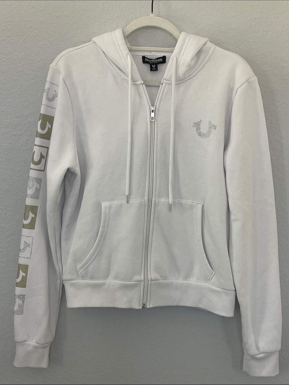 True Religion White Rhinestone Logo Full Zip Hoodie Jacket Size L Y2K